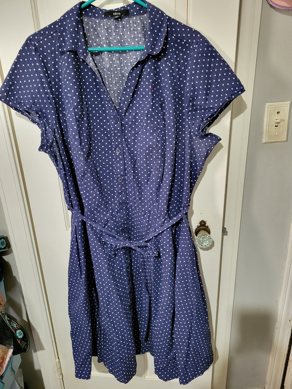 ellos Navy and White Polka Dot Shirt Midi Dress